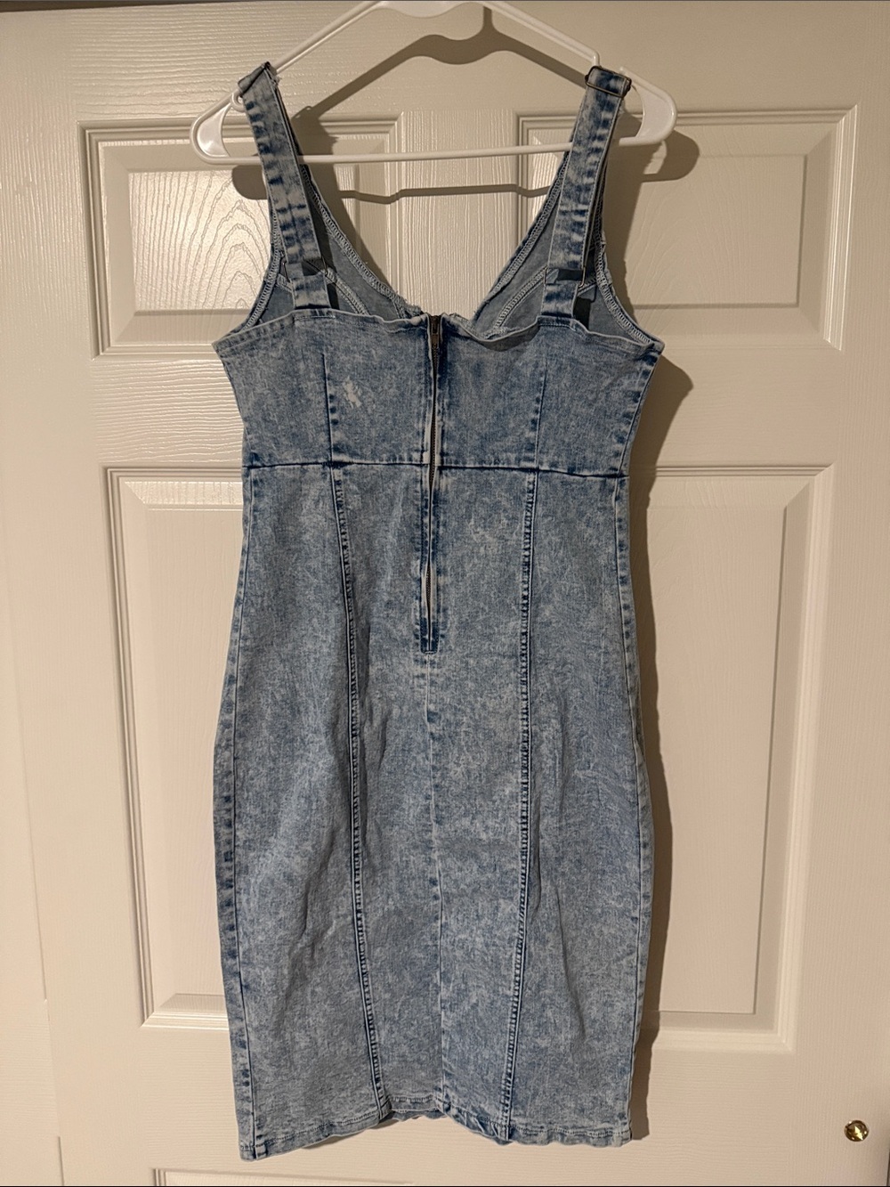 Light Blue Acid-Wash Denim Mini Dress with Front Zip - Picture 8 of 13